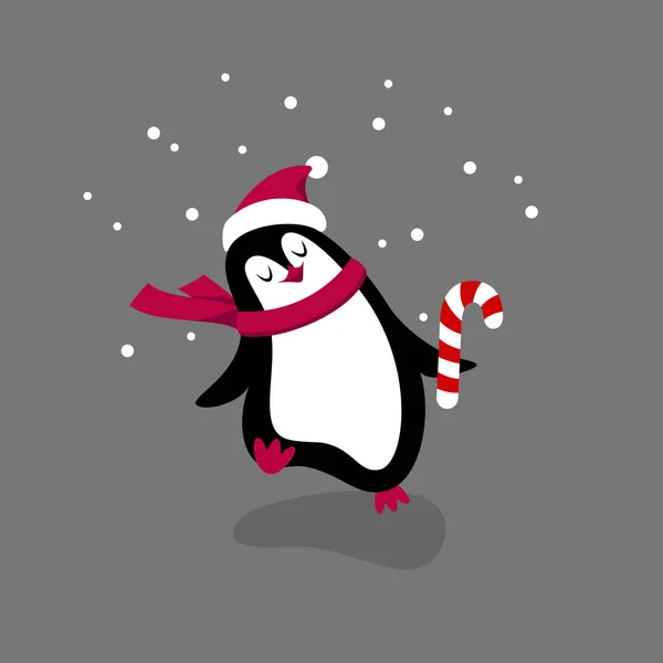 Niedlicher Pinguin mit Weihnachtsmann-Hut und Lutscher. Illustration zum neuen Jahr. — Stockvektor