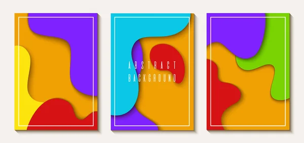Set von vertikalen DIN-A4-Bannern mit abstraktem 3D-Hintergrund mit mehrfarbigen Wellen aus Papier. Welliges geometrisches Plakat. Modische Komposition farbiger Formen aus Papier. — Stockvektor