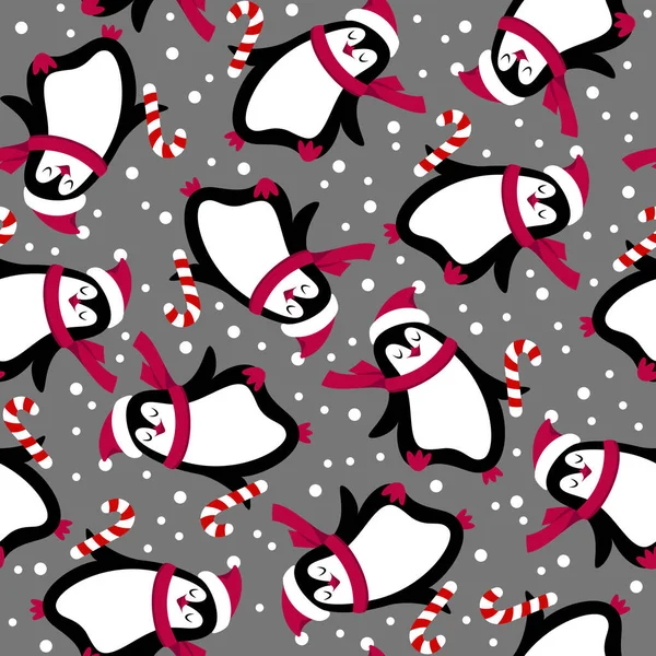 Pinguin auf grauem Hintergrund. Nahtloses Neujahrsmuster. Vektor . — Stockvektor