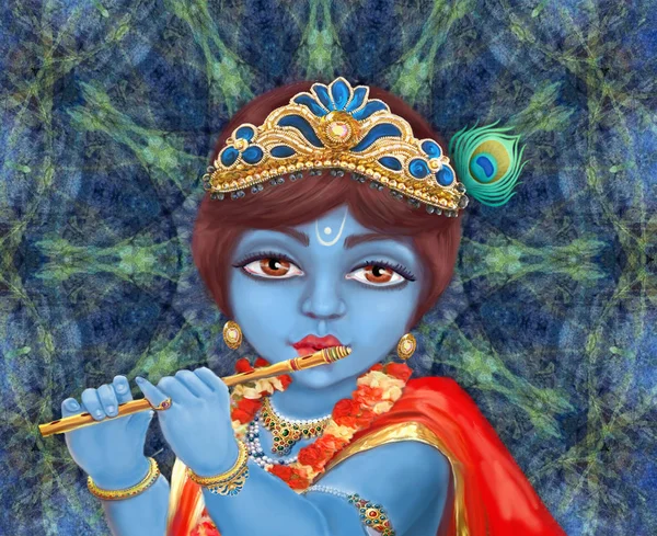 Llustration Hindu Deity Shri Krishna Playing Flute Happy Janmashtami — Stock Photo, Image