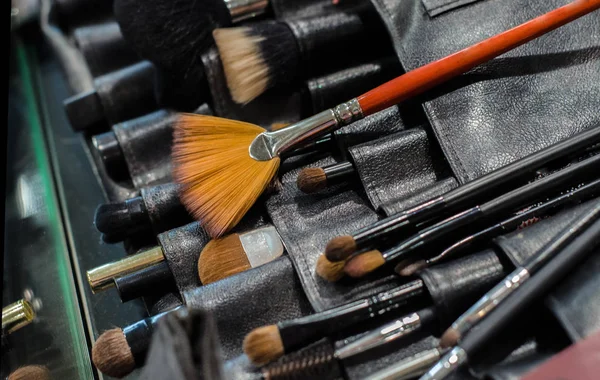 Profesyonel Makyaj Fırçaları Bir Kutu Içinde Araçlar Makyaj Sanatçısı — Stok fotoğraf