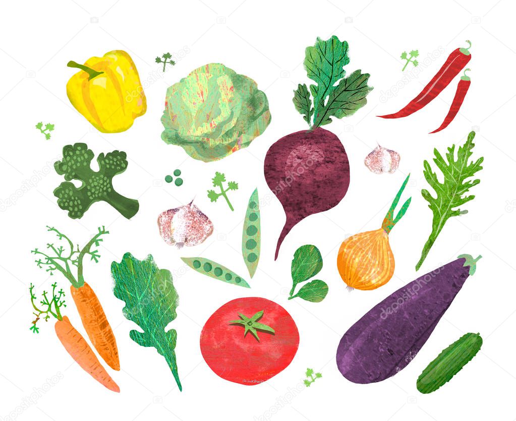 Collage with illustration of vegetables using picturesque textures. The concept of raw food diets and vegans. Conscious nutrition.