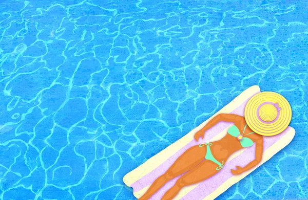 Frau Ruht Auf Schwimmender Luftmatratze Einem Swimmingpool Sommerferienidylle Ansicht Von — Stockfoto