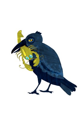 Raven gagasında bir kanser tutar. El çizim karikatür çizimi. Yaban hayatı sanat için kumaş, kartpostal, tebrik kartı, kitap, telefon case, çocuklar için