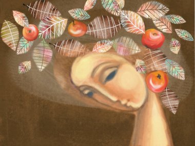Çelenk yaprakları ve başında kırmızı elma ile güzel sonbahar kız. Kartpostal, takvim, posterler, baskılar, mevsimlik kalıp çizmek için çizim. Elle çizilmiş öğeleri üzerinde dayalı.