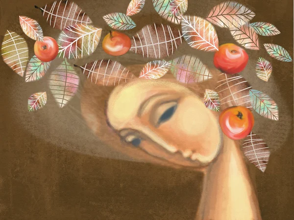 Прекрасна Осінь Дівчина Вінком Листя Червоними Яблуками Голові Ілюстрація Листівок — стокове фото