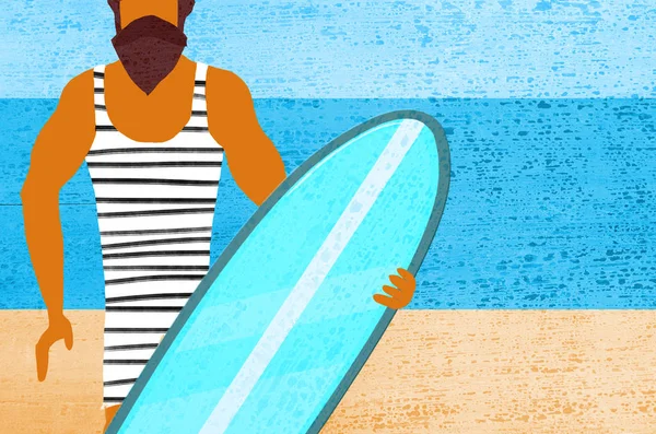 Homem Surfista Com Prancha Mão Sobre Fundo Azul Bela Ilustração — Fotografia de Stock
