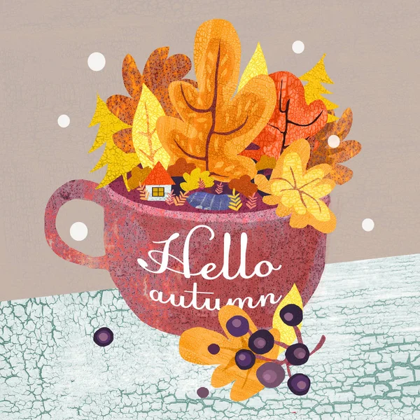 Hello Autumn. Hand drawn autumn landscape in mug. Autumn illustration. Cup with different colorful leaves.