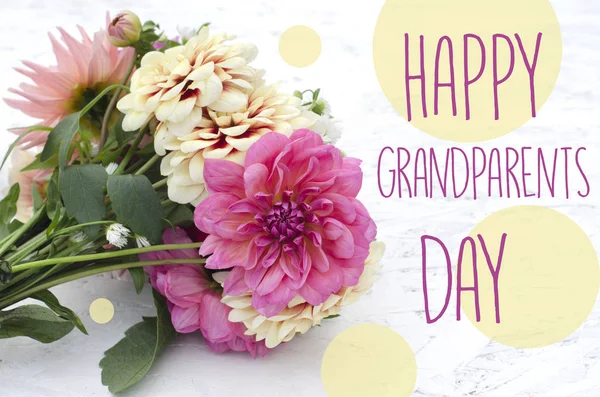 Beautiful Dahlias Wooden Background Bouquet Colored Dahlias Happy Grandparents Day — Stock Photo, Image