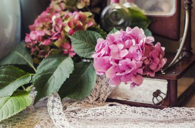 Ortanca hayatı, örgü örülmüş peçetedeki antik ayna. Chebbishik biçiminde klasik kompozisyon.