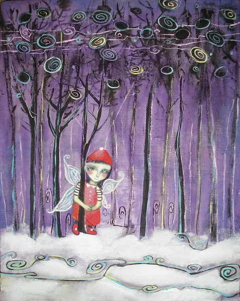 Elf Red Clothes Snowy Trees Acrylic Painting Canvas New Year — Stock Photo, Image