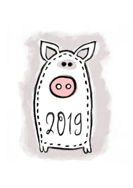Komik el illüstrasyon karikatür domuz yavrusu ile çekilmiş. Domuz 2019 yılı. Çin yeni yılı sembolü. Basit bir kavram zodyak domuz.