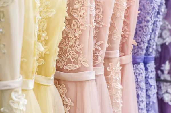 Evening Dresses Hangers Art Couture Dresses Balls Celebrations — Stock Photo, Image