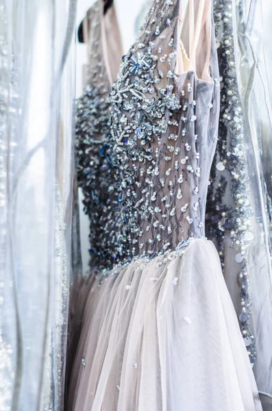 Evening Dresses Hangers Art Couture Dresses Balls Celebrations — Stock Photo, Image