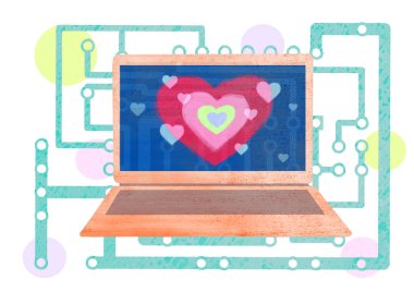 Laptop ile kalp soyut elektronik pano zincirleri resimde arka planı ekranda. Sevgililer günü kavramı