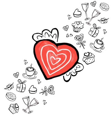 Kırmızı kalp grafik elemanları ile kanatlı. Kartpostal, poster, St. Valentine's Day afiş