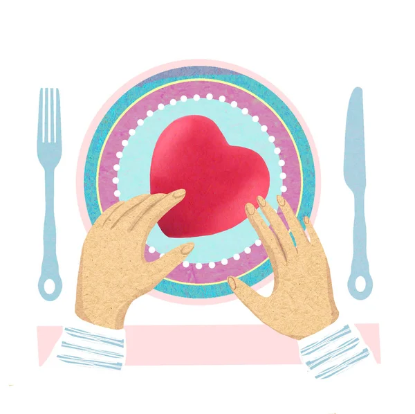 Heart on a plate, a fork and a spoon, hands on a white background. St. Valentine\'s Day Illustration.