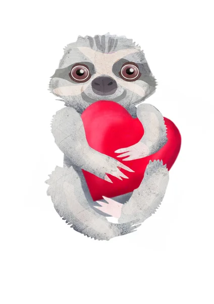 福利沃拉三脚趾坐在树懒动物与红色的心脏 在白色背景查出的手绘动画片例证 情人节快乐卡 — 图库照片