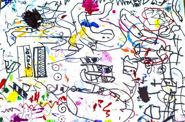Kırmızı, mavi ve sarı renk unsurları ile beyaz kağıt üzerinde siyah doodle. Desen Tekstil, ambalaj kağıdı, duvar kağıdı için.