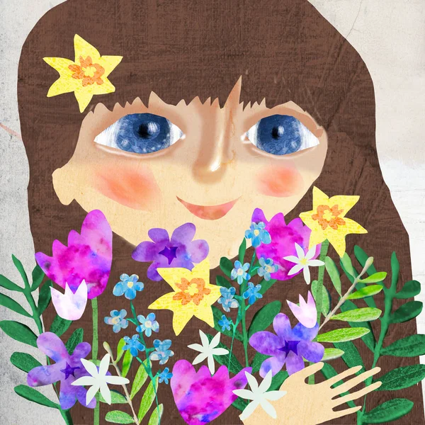 Een meisje met de lente kleurrijke bloemen. — Stockfoto
