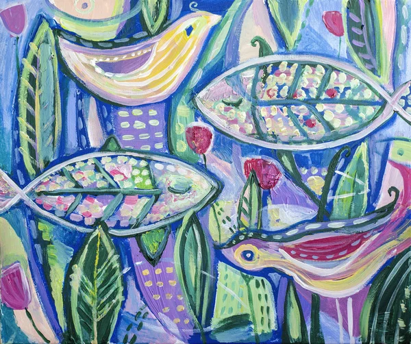 Painting of acrylic on canvas of fish, birds, plants. — Stock Photo, Image