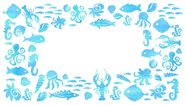 魚、海馬、クラゲ、ムール貝、ザリガニ、タコのシルエットを白い背景に. — ストック写真