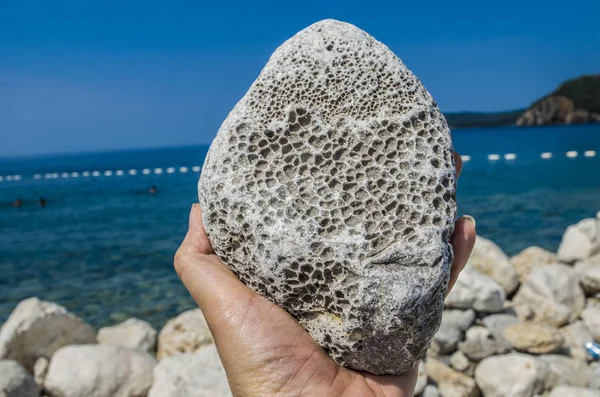 Natural pumice stone in hand on sea background