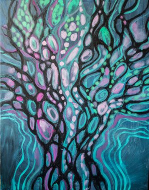 Mavili akrilik renkli soyut resim, mor beyaz renk. Su sıçraması. İç mekan için resim, duvar dekorasyonunun bir parçası olarak.