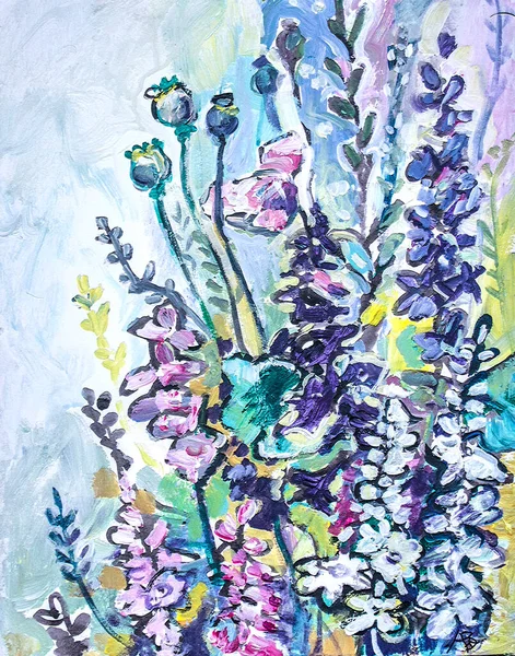 Delphinium White Pink Purple Flowers Acrylic Painting Canvas — Stock Photo, Image
