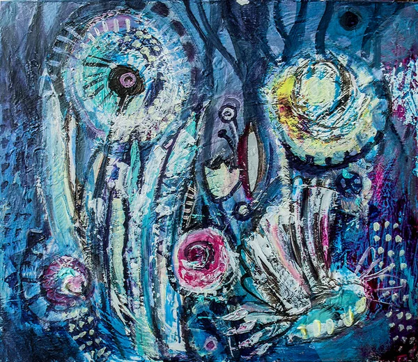 Ακρυλικό Τοπίο Μπλε Λουλούδια Τριφύλλι Πικραλίδα Και Λιβελούλα Άνοιξη Ανθισμένα — Φωτογραφία Αρχείου