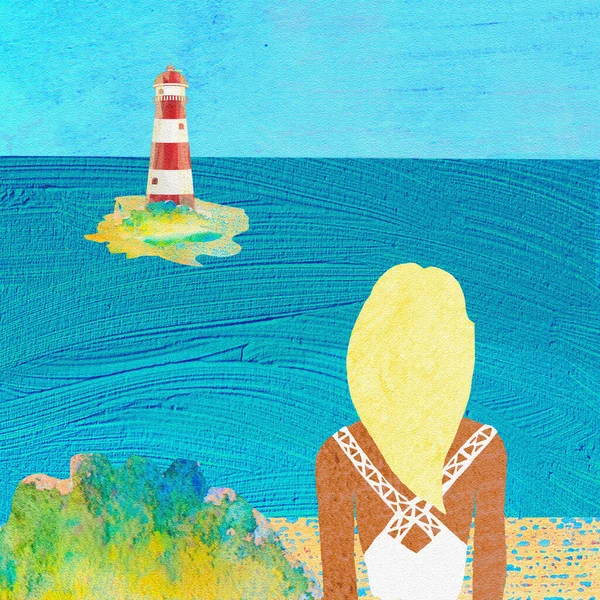 海のそばのブロンドの女の子が灯台を見ている 絵のようなイラスト — ストック写真
