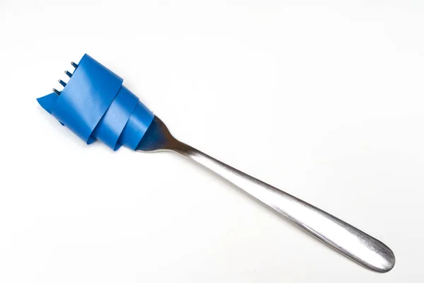 Fork Strip Wrapped Blue Ribbon — Stock Photo, Image