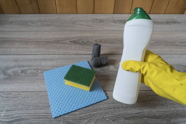 Some Items Cleaning House Wooden Table — Stock Photo, Image