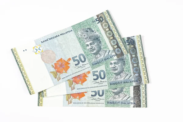 Drei Malaysische Ringgit Banknoten Auf Weißer Oberfläche — Stockfoto