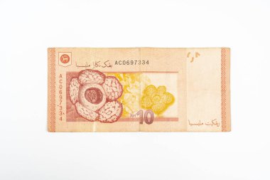 Beyaz bir yüzey üzerinde 10 Malezya Halkası banknotu