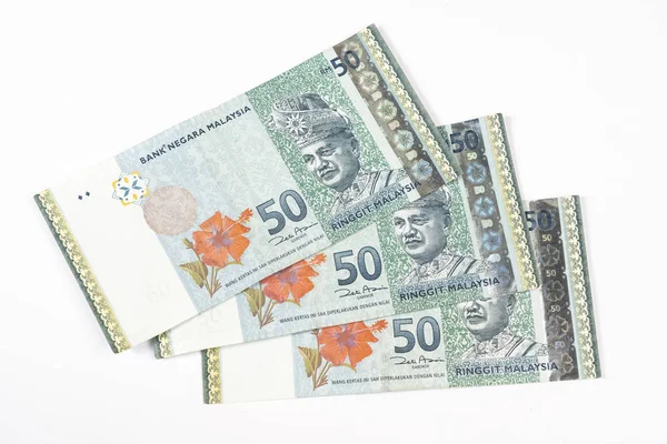 Drei Malaysische Ringgit Banknoten Auf Weißer Oberfläche — Stockfoto