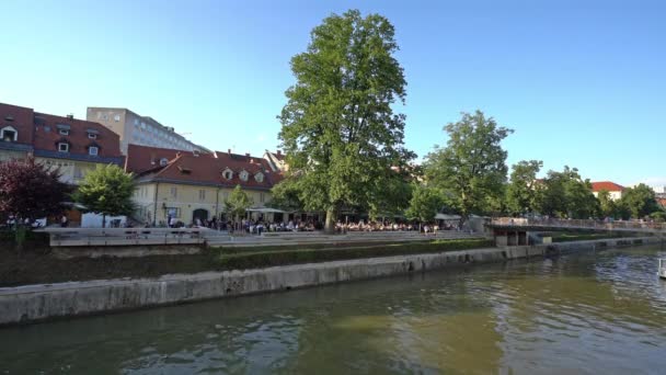 Ljubljana Slovenien Augusti 2019 Åsynen Människor Uteserveringar Längs Stranden Floden — Stockvideo