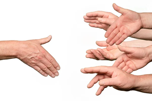 Uma Mão Contendida Para Cumprimentar Por Muitas Outras Mãos — Fotografia de Stock