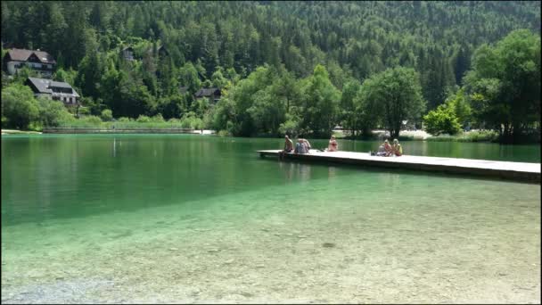 Kranjska Gora Slovinsko Července 2020 Panoramatický Výhled Jasné Jezero Blízkosti — Stock video