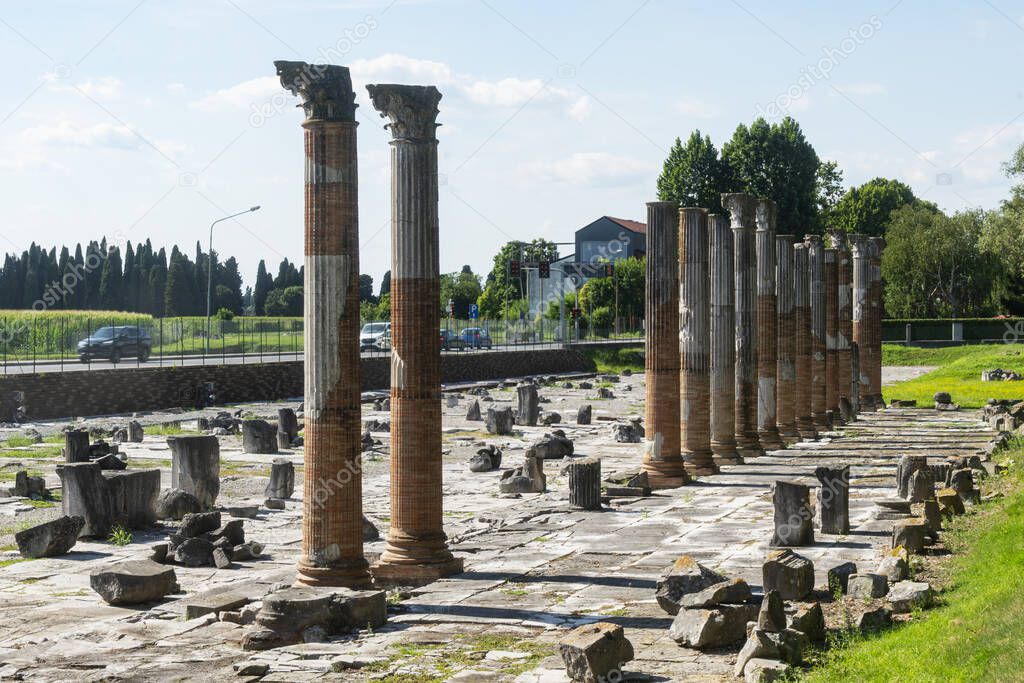 The panoramic view of the Roman forum of Aquileia, the ancient main square of the city center of Roman Aquileia from the 1st century BC. (the pavement) of the republican era.