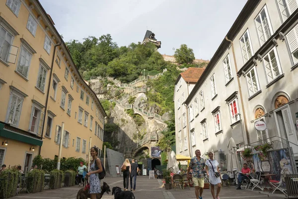 Graz Österreich August 2020 Blick Auf Den Schlossberg Mit Der — Stockfoto