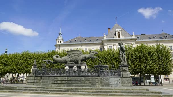 Klagenfurt Austria Agosto 2020 Veduta Time Lapse Della Fontana Con — Video Stock