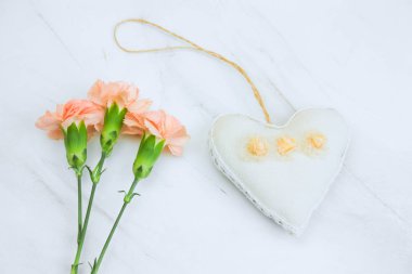 Üstten Görünüm karanfil çiçek ve dolma oyuncak kalp bir mermer arka plan kopya alanı üzerinde