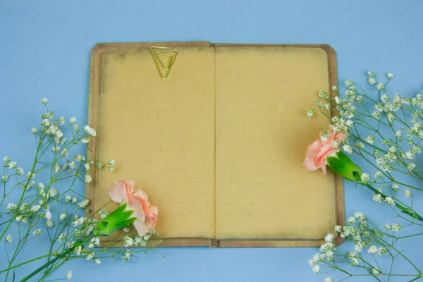 top view vintage book with empty sheets and flowers on a pastel blue background