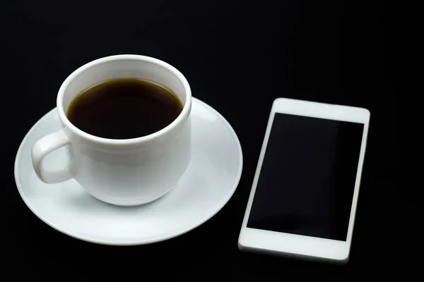 Top View Coffe Cup Smartphone Ona Black Table — Stock Photo, Image