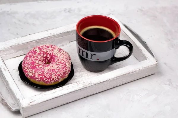 Coffee Cup Donut Vintage Wooden Tray — Stock Photo, Image