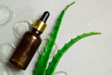Üstten Görünüm cosmitic ürün kahverengi cam şişe aloe vera ve buz ile bir gri arka plan kopya alanı