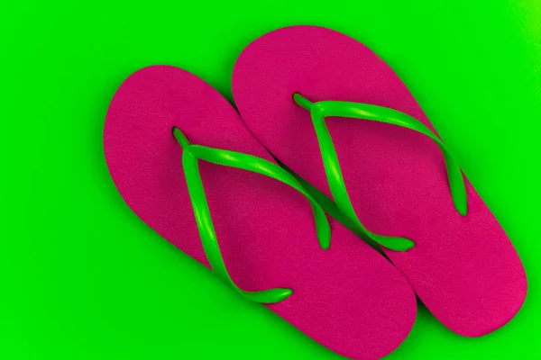 Summer Bright Pink Flip Flops Green Background — Stock Photo, Image