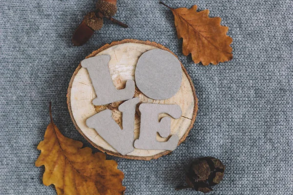 Buchstaben Liebe Auf Einem Baum Querschnitt Gestrickt Hintergrund Herbst Blätter — Stockfoto