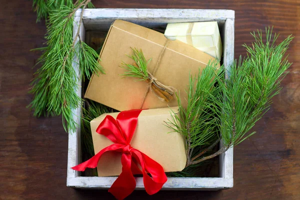 festive gift boxes brown shabby vintage background top view